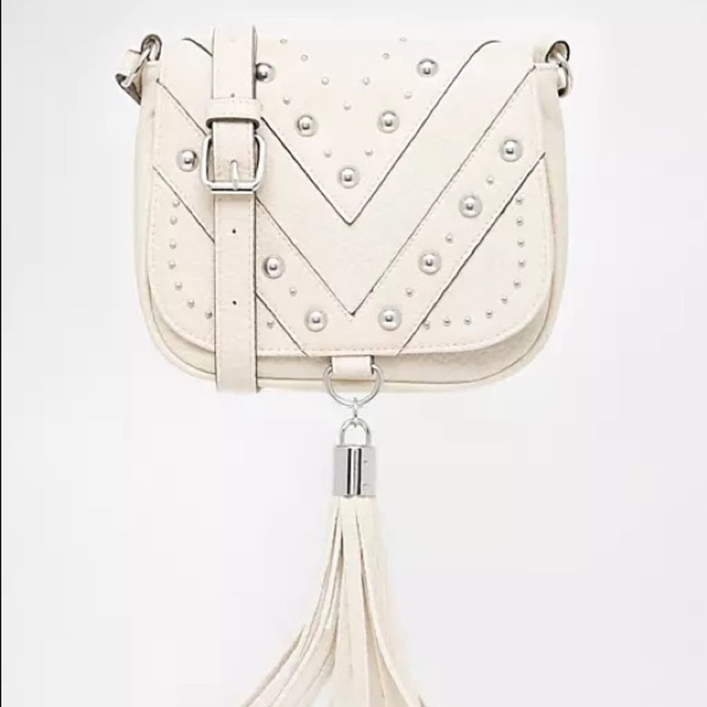 ASOS Cream Crossbody Studded Tassel Bag